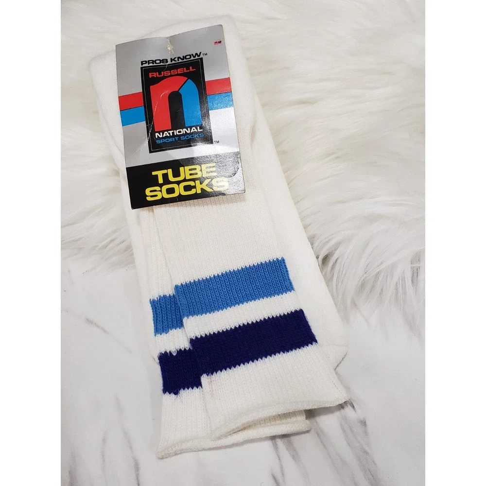 NEW VINTAGE DEADSTOCK Tube Socks Russell National Sport 1980s 90s mens blue whit
